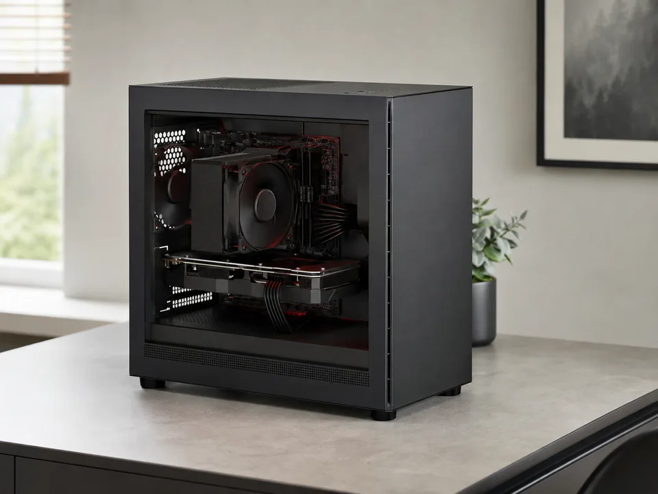 Illustration d'un PC compact noir avec refroidissement &agrave; air