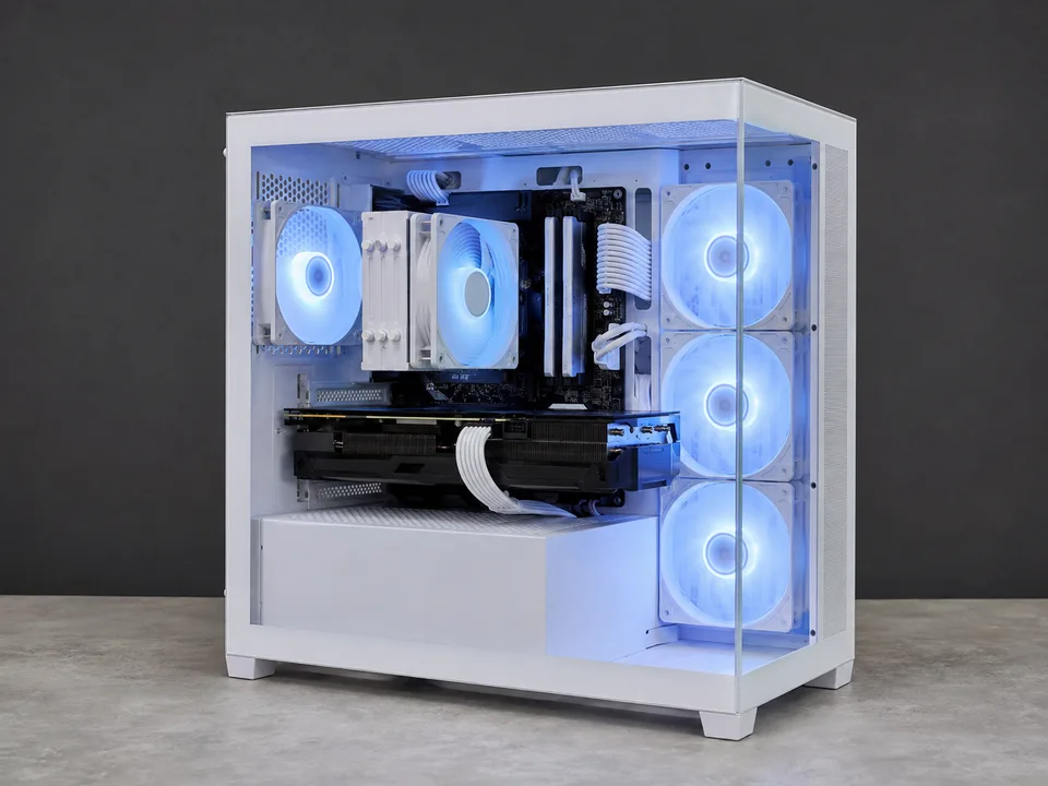 Illustration d'un PC blanc avec &eacute;clairage bleu discret