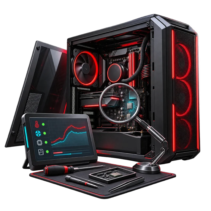 PC gaming ouvert pendant un diagnostic mat&eacute;riel et thermique