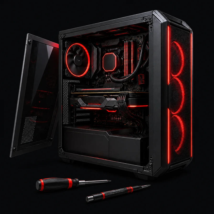 PC gaming assembl&eacute; proprement avec son panneau lat&eacute;ral ouvert