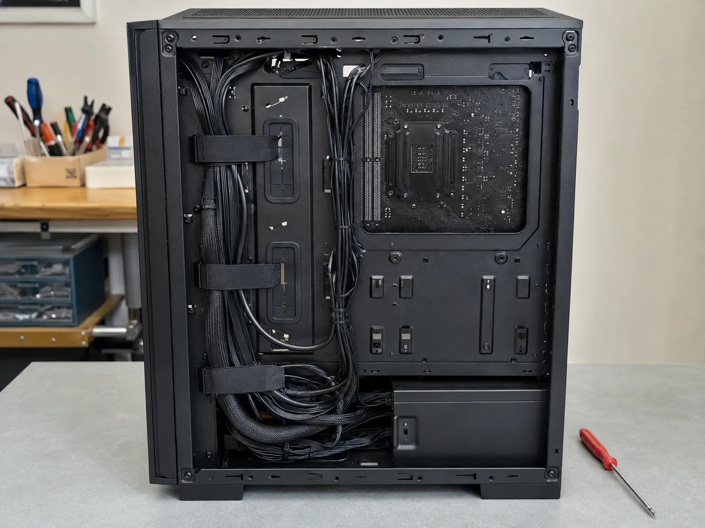 Illustration : câbles rangés à l’arrière d’un boîtier PC